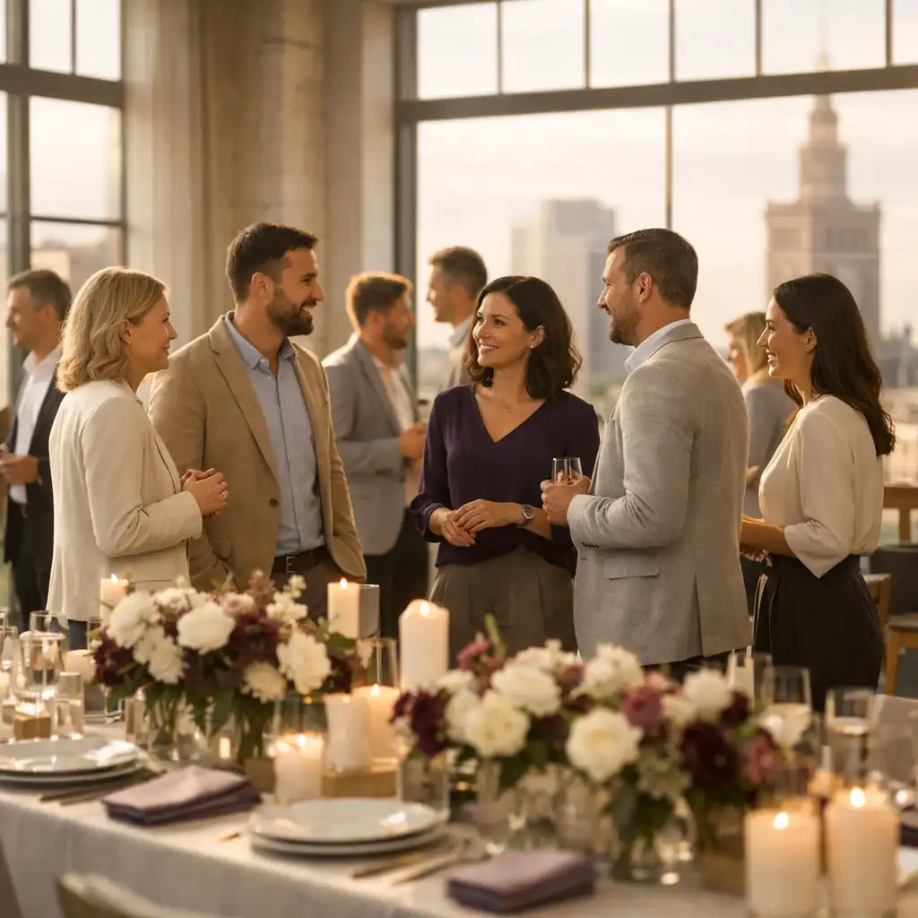 Elegancki event firmowy w nowoczesnej przestrzeni loftowej w Warszawie, goście rozmawiają przy długim stole z dekoracjami kwiatowymi
