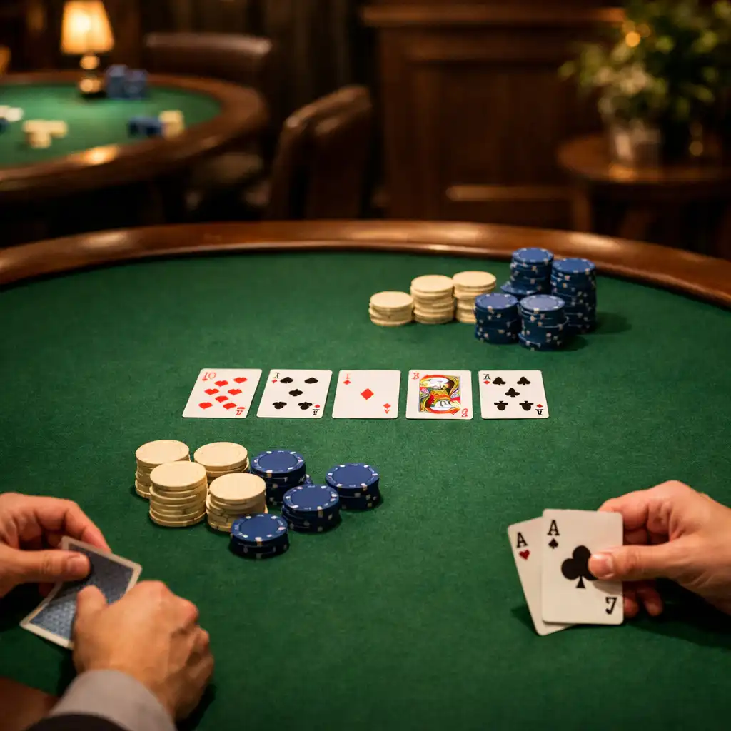 Prawdziwy stół pokerowy z kartami i żetonami