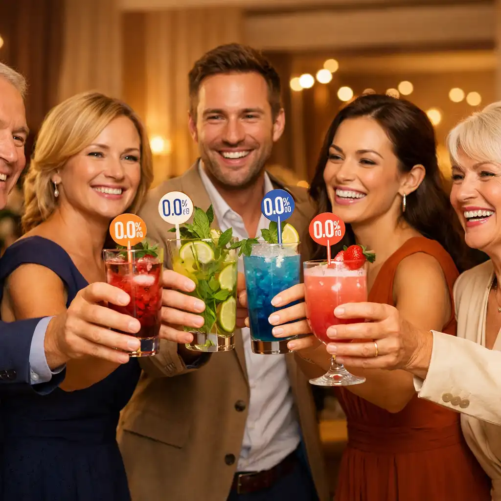 Grupa dorosłych gości wznoszących toast mocktailami 0.0% w eleganckiej sali