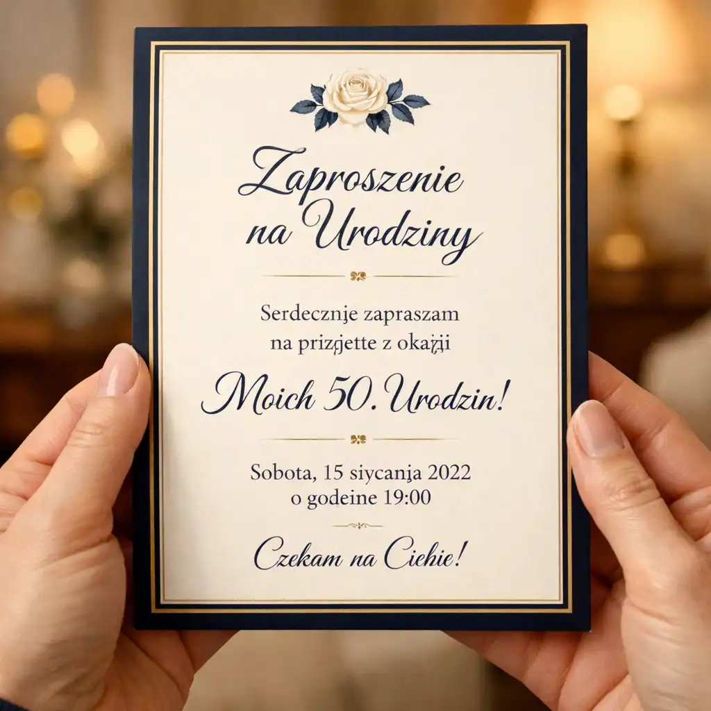 Dłonie trzymające eleganckie zaproszenie urodzinowe z wykaligrafowanym tekstem